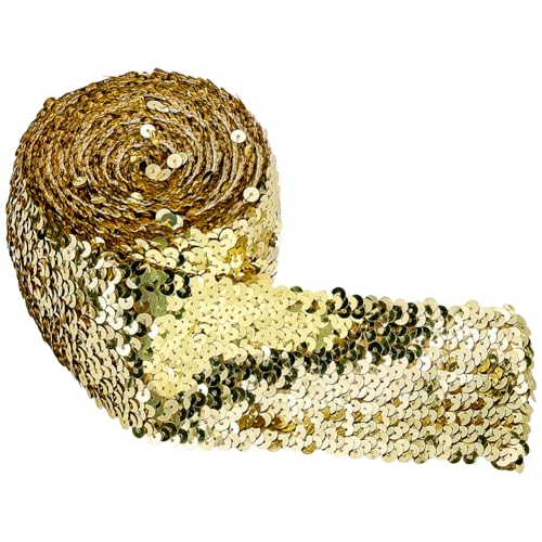 FINGERINSPIRE 5m Paillettenbesatz elastisches Paillettenband flache Pailletten Pailletten-Spitzenbesatz 75mm Gold-Metallic-Stretchbesatz Paillettenbesatz zum Nähen von Kleiderstirnbändern von FINGERINSPIRE