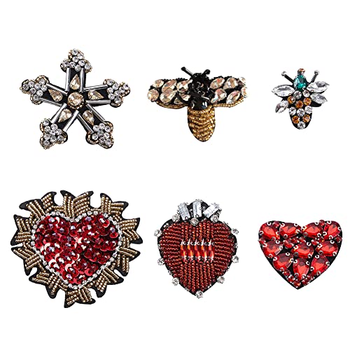 FINGERINSPIRE 6 Stile Handgefertigte Strass Perlen Patches Herz Stern Strassapplikationen Vintage Bienen Patches Kristallapplikationen zum Aufnähen von Perlenabzeichen Mode Perlen Patch von FINGERINSPIRE