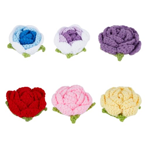 FINGERINSPIRE 6 Stück 3D Häkelblume Mit Rose 6 Farben Häkelblumen Applikation Handgefertigt Kunstrose Gestrickte Blume Garn Strickblumen Aufnäher 3D Blumen Zum Aufnähen Für Kleidung Hochzeitsfeier von FINGERINSPIRE