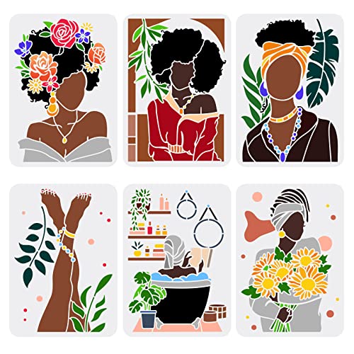 FINGERINSPIRE 6 Stück Afrikanische Stammes Frauen Schablonen 21x29.7 cm Afroamerikanische Malschablone Weibliche Silhouette Badezimmer Dekorationsschablone Zum Malen Auf Holzwänden Und Möbeln von FINGERINSPIRE