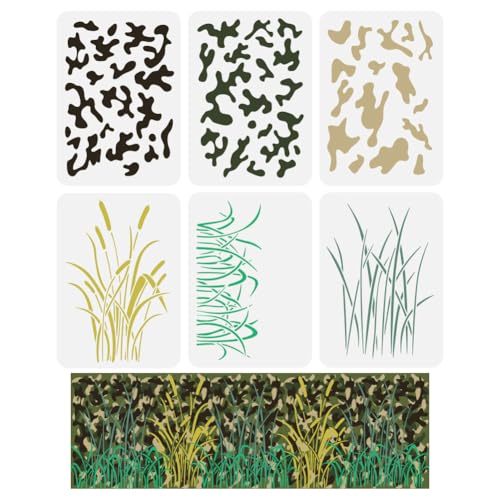 FINGERINSPIRE 6 Stück Camo Malschablone 29.7x21 cm 6 Stile Camouflage Zeichenvorlage Entenboot Camo Schilfgras Schablone Camo Themen Dekor Schablone Zum Malen Auf Holz Wänden Stoffen Und Möbeln von FINGERINSPIRE