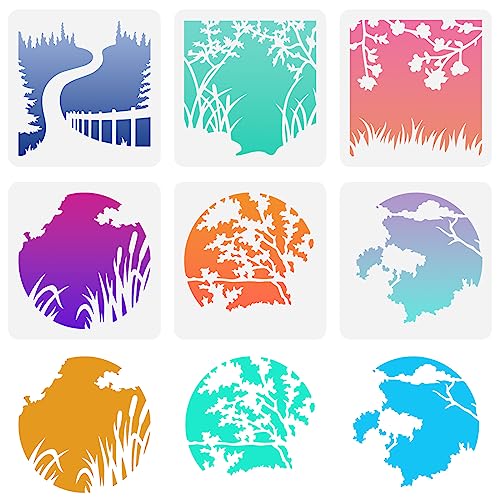 FINGERINSPIRE 6 Stück Landschafts Öffnungsschablonen 15x15 cm Wiederverwendbare Landschafts Silhouetten Vorlagen Pfad Geländer Schablone Gras Schilf Wolken Malschablone Baumblätter Zeichnungsvorlage von FINGERINSPIRE