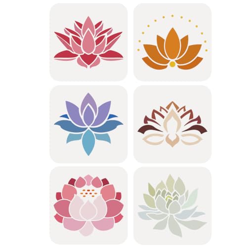 FINGERINSPIRE 6 Stück Lotusblüten Malschablone 15x15 cm PET Lotus Symbole Sprühschablone Wiederverwendbar Lotusblüten Thron Muster Wandschablone Kreative Aushöhlungsvorlage Für Holz von FINGERINSPIRE