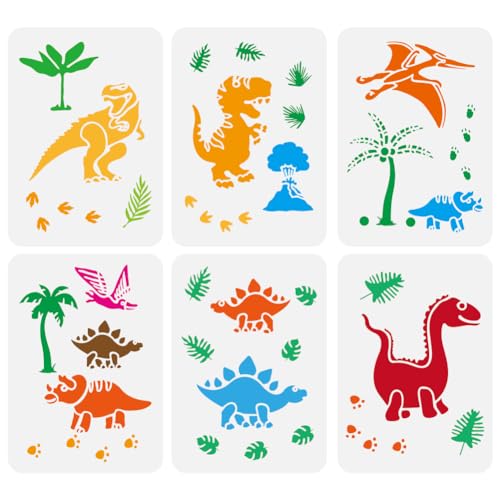 FINGERINSPIRE 6 Stück Malschablonen Für Dinosaurier Aus Der Jurazeit 21x29.7 cm Ausgehöhlte Zeichenvorlagen Für Dinosauriervulkane Schablonen Für Blätter Kokospalmen Pfotenabdrücke Tiermotive von FINGERINSPIRE