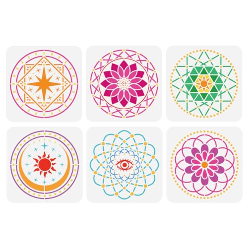 FINGERINSPIRE 6 Stück Mystische Mandala Symbol Malschablone 20x20 cm PET Symbol Themen Sprühschablone Wiederverwendbare Mandala Muster Wandschablone Kreative Aushöhlungsvorlage Zum Malen Auf Holz von FINGERINSPIRE