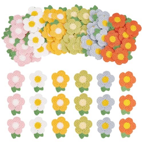 FINGERINSPIRE 60 Stück 6 Farben gehäkelte Blumen Applikation 4,6 x 3,8 cm gehäkelte Blumenapplikationen zum Aufnähen auf Blumenaufnäher, Verzierung, handgefertigte gehäkelte Blumenapplikationen für von FINGERINSPIRE