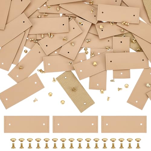 FINGERINSPIRE 60Sets PU Lederetiketten Blanke Lederanhänger 2x5cm Beige Handgefertigtes Lederetikett Mit Nieten Rechteckiges Kunstleder Blanko Etikett Blankes DIY Geprägtes Etikett Für Jeans Schuhe von FINGERINSPIRE