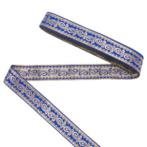 FINGERINSPIRE 7 m Paisley Jacquardband 20 mm Breit Blaue Unterseite Goldfarbener Jacquardbesatz Ethno Stil Stickerei Polyesterbänder Boho Jacquardband Bekleidungszubehör Zum Nähen von FINGERINSPIRE