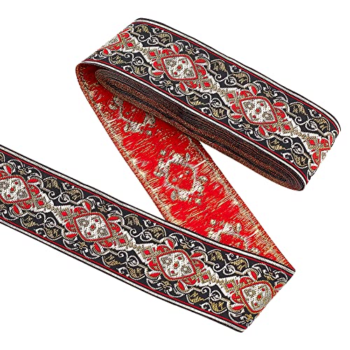 FINGERINSPIRE 7 m Rot Schwarzes Vintage Jacquardband 48 mm Breit Florales Rankenmuster Gewebter Besatz Ethno Stil Stickerei Polyesterbänder Stoffbesatz Für Kleidung Nähen Basteln Geschenkpapier von FINGERINSPIRE