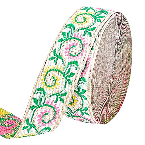 FINGERINSPIRE 7m 25mm Vintage Jacquardband Weiß Bestickt Gewebt Grün Blätter Gelb Rosa Blume Band Stoffbesatz Fransen für DIY Bekleidungs Zubehör St. Patrick's Day Verzierung Dekorationen von FINGERINSPIRE