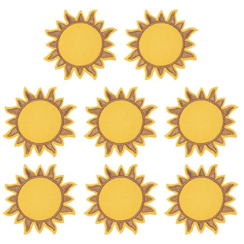 FINGERINSPIRE 8 Stück Sonnen Aufnäher Goldene Sonnenschein Stickerei Stoffflicken 7.5 cm Polyester Sonnenabzeichen Schild Patch Sonnenform Nähapplikation Dekorativer Reparaturflicken Für Jacken Jeans von FINGERINSPIRE