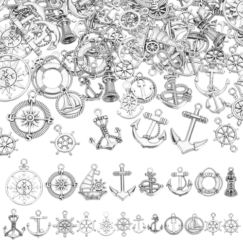 FINGERINSPIRE 80 Stück 20 Stile Tibetischer Stil Legierungs Charms Antikes Silber Anker Themen Anhänger Anker Ruder Helm Schiffsrad Verbindungen Anschlüsse Turmbau Charms Für DIY Bastelarbeiten von FINGERINSPIRE