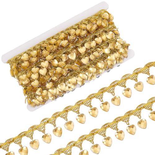 FINGERINSPIRE 9,1 m lange Fransenspitze zum Aufhängen, 4,5 cm breit, Polyester-Spitzenband mit champagnergelben Perlen, Quaste, goldmetallisches Geflecht, hängende Herzperlen, Quastenborte für von FINGERINSPIRE