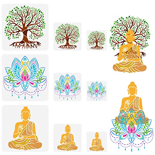 FINGERINSPIRE 9 Stück 3 Stile Baum Des Lebens Schablone Lotusblüte Schablone Kunststoff Buddha Schablone 30/20/15cm Quadratisch Wiederverwendbare DIY Projekte Und Bastelschablonen Zum Malen Auf Holz von FINGERINSPIRE