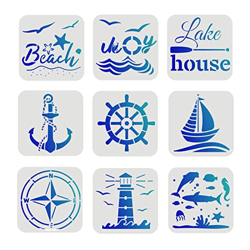 FINGERINSPIRE 9 Stück Kompass Schablone 15x15cm Kunststoff Nautische Thema Malschablone Sea Life Schablone Anker Strand Segelboot Leuchtturm Muster Schablonen zum Malen auf Holz, Boden, Wand von FINGERINSPIRE