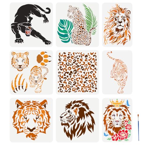 FINGERINSPIRE 9 Stück Löwen-Tiger-Malschablone, 2 Größen, wiederverwendbar, Tierkopf, Leoparden-Vorlage mit Pinsel, große Blätter, Blumenschablone, Pfotenabdruck-Schablone, Leopardenmuster, Schablone, von FINGERINSPIRE