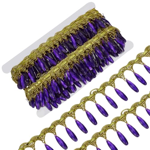 FINGERINSPIRE 9.1 m 45mm Breite Fransenspitze Mit Hängenden Perlen Polyester Nähfransen Quastenbesatz Goldener Besatz Mit Blau Violettem Anhänger Zum Nähen von Kaften Hochzeits Und Party Dekoration von FINGERINSPIRE