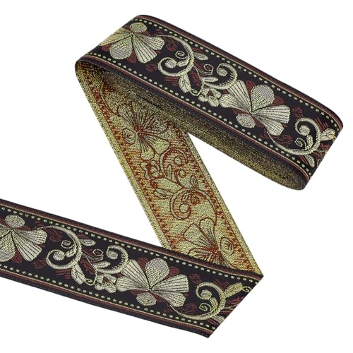 FINGERINSPIRE 9.1 m Jacquardband 50 mm Schwarzes Ethnisches Metallisches Goldband Einseitig Bestickter Spitzenbesatz Blumenmuster Vintage Band Für DIY Bekleidungsaccessoires Dekorationen von FINGERINSPIRE