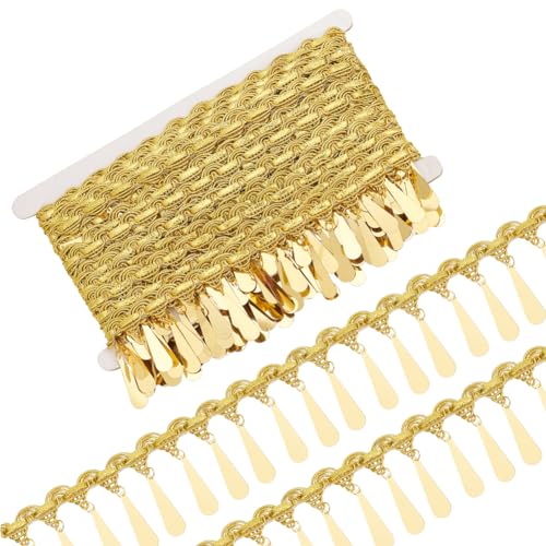 FINGERINSPIRE 9.1 m Pailletten Quastenbesatz 56 mm Breit Goldene Geflochtene Fransenquaste Spitzenbandbesatz Aus Polyester Goldmetallic Geflochtenes Tropfenförmiges Pailletten Fransen Spitzenband von FINGERINSPIRE