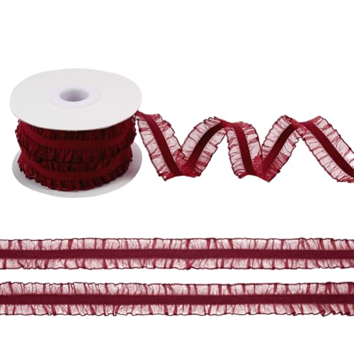 FINGERINSPIRE 9.1m 20mm Doppelrüsche Spitzenborte Schamottrüsche Stretch Elastische Borte Borte Rot Plissee Stoff Spitzenband Für DIY Kleid Kopfbedeckung Dekoration Und Geschenkverpackung von FINGERINSPIRE