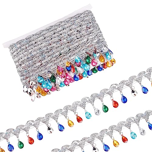 FINGERINSPIRE 9m hängende Perlen Fransen Spitze 48,5mm breit Strass geflochtene Bänder Silber Pailletten Band mit bunten Strass Fransen Trim Polyester nähen Fransen Quaste Trim für DIY von FINGERINSPIRE