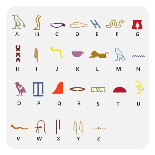 FINGERINSPIRE Ägyptische Alphabet Schablone Zum Malen 30x30 cm Ausgehöhlte Hieroglyphen Zeichenvorlage Kunststoff (PET) 26 ägyptische Alphabet Schablonen Zum Malen Dekorative Ägyptische Themenvorlage von FINGERINSPIRE