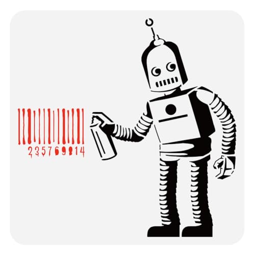 FINGERINSPIRE Banksy Barcode Roboter Malschablone 30x30 cm Kunststoff PET Barcode Nummern Zeichnungsvorlage Ausgehöhlte Banksy Graffiti Roboter Schablone Zum Malen Banksy Themenvorlage Für Heimwerker von FINGERINSPIRE