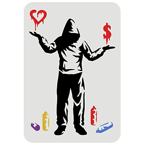 FINGERINSPIRE Banksy Schablone Liebe oder Geld 29.7x21cm Banksy Hoodie Mann Muster Zeichnung Schablone Mann Graffiti Schablone Sprühdosen Vorlage Banksy Schablone für Malerei auf Wand Möbel Holz von FINGERINSPIRE