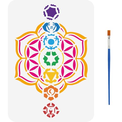 FINGERINSPIRE Blume Des Lebens Schablone 29.7x21cm 7 Chakren Schablone Mit Einem Pinsel Meditation Heilige Geometrie Malschablone Mandala Zeichenvorlagen Für Wandfliesen Bodenpapier Möbel von FINGERINSPIRE