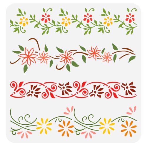 FINGERINSPIRE Blumenrand Malschablone 30x30 cm Wiederverwendbar 4 Stile Ranken Blumenrand Zeichenvorlage Pflanzenrand Muster Dekor Schablone Zum Malen Auf Holz Wandmöbeln von FINGERINSPIRE