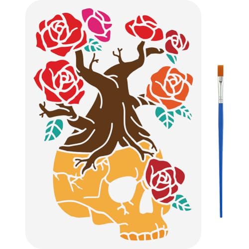 FINGERINSPIRE Blumenschablone mit Totenkopf-Baum, zum Malen, 21,1 x 29,7 cm, mit Pinsel, Skelett, Zeichenschablone, Totenkopf-Motiv-Schablone zum Malen auf Holz, Stoff von FINGERINSPIRE