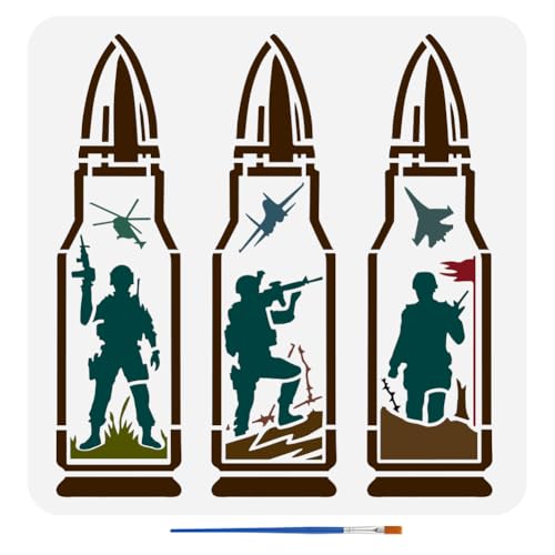 FINGERINSPIRE Bullets Soldaten-Schablone, 30 x 30 cm, Soldaten-Silhouetten-Vorlage mit Pinsel, wiederverwendbar, Hubschrauber-Kampfflugzeug-Schablone, Schlachtfelder, Baum, Gras, Schablone, von FINGERINSPIRE