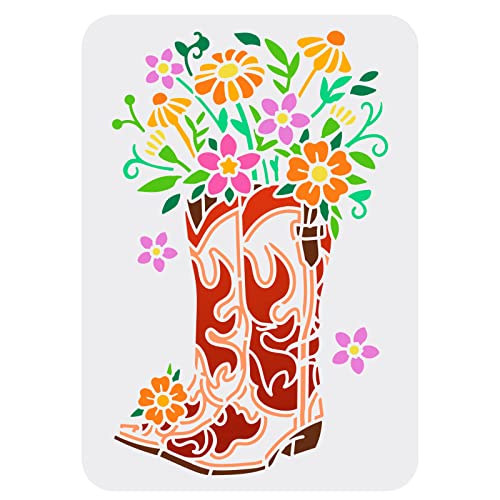 FINGERINSPIRE Cowboystiefel Und Blumen Malschablone 21x29.7 cm Wiederverwendbare Western Thema Zeichenvorlage PET Kunststoff Ausgehöhlte Schablonen Zum Malen An Wänden Holzmöbeln Sammelalbum von FINGERINSPIRE