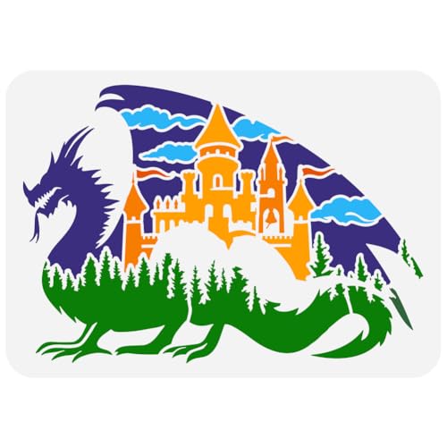 FINGERINSPIRE Drachen Malschablone 21x29.7 cm Wiederverwendbare Waldschloss Silhouette Zeichenvorlage Flügeldrache Und Schloss Schablone Zum Malen Auf Holz Wand Stoff Möbeln von FINGERINSPIRE