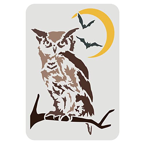 FINGERINSPIRE Eule Schablone 29,7x21cm Mond Fledermaus Baumzweig Tierschablonen Wiederverwendbare Malschablone Große PET Schablonen zum Malen für Holz Wand Stoff Holzschilder Halloween Dekoration von FINGERINSPIRE