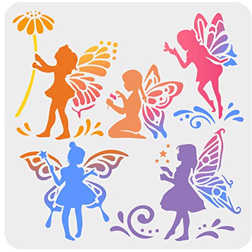 FINGERINSPIRE Feen Schablone 30x30cm Wiederverwendbare Schmetterlings Blumen Feen Zeichnungsvorlage DIY Art Little Fairy Stencil Dream Theme Stencil For Painting On Wall, Holz, Stoff, Papier, Möbel von FINGERINSPIRE