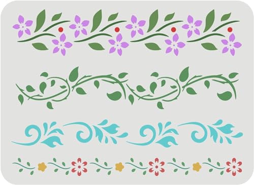 FINGERINSPIRE Flower Border Stencil 4 Style 29.7x21cm Wiederverwendbare Blumenschablone Rankenmuster Schablone Efeu Dekorationsvorlage zum Malen auf Wand, Möbel, Stoff, Holz und Papier von FINGERINSPIRE