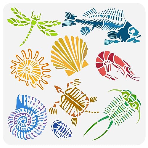 FINGERINSPIRE Fossilien Schablone Zum Malen 30x30 cm Große Trilobiten Muschel Malschablone Ausgehöhlte Libelle Fisch Muschel Schablone Garnelen Schildkröte Schablone Für Holzstoff Dekor von FINGERINSPIRE