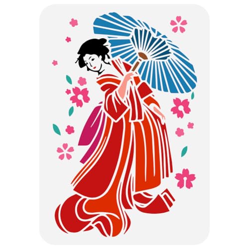 FINGERINSPIRE Geisha Regenschirm Schablone Zum Malen 21x29.7 cm Kunststoff PET Kirschblüten Malschablone Ausgehöhlter Regenschirm Frau Zeichenvorlage Menschliches Thema Schablone Für Wanddekoration von FINGERINSPIRE