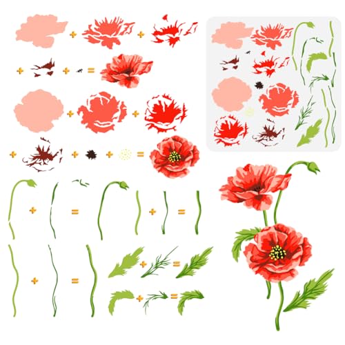 FINGERINSPIRE Geschichtete Mohnblumen Malschablone 30x30 cm Wiederverwendbare Mohn Wildblumen Zeichenvorlage Pflanzen Blumen Dekor Schablone Zum Malen Auf Holz Wand Stoff Möbeln von FINGERINSPIRE