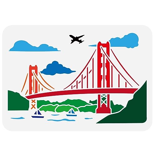 FINGERINSPIRE Golden Gate Bridge Schablone 21x29.7cm Wiederverwendbare Brückenmuster Malvorlage Kettenbrücke Fluss Wolke Flugzeug Schiff Schablone Zum Malen Auf Holzwandmöbeln von FINGERINSPIRE