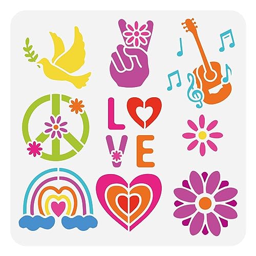 FINGERINSPIRE Hip Hop Schablone Zum Malen 30x30 cm Groß Gitarre Musiknote Schablone Blumen Friedenstaube Zeichnungsvorlage Herz Regenbogen „Love“ Malschablone Für Heimdekoration von FINGERINSPIRE