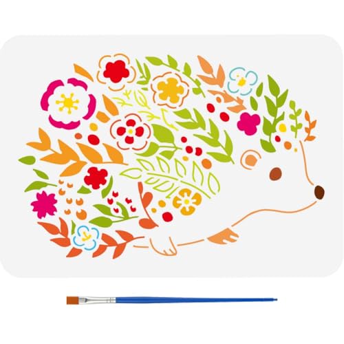 FINGERINSPIRE Igel Und Blumen Schablone Zum Malen 21x29.7cm Mit Pinsel Dekorative Igel Muster Schablone Kunststoff PET Blumen/Blatt Schablone Tiermotiv Schablone Für Heimwerkerarbeiten von FINGERINSPIRE