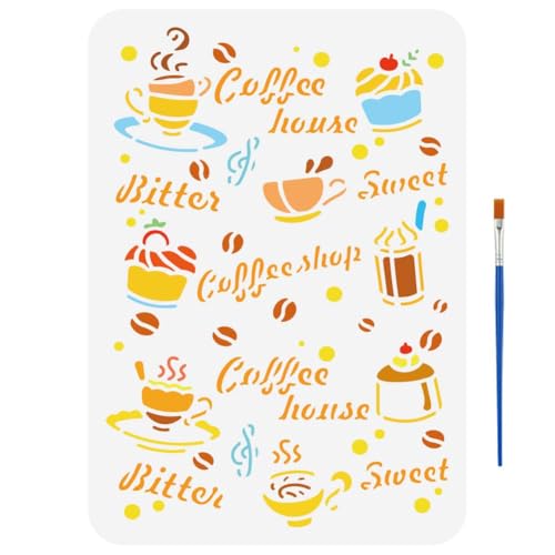 FINGERINSPIRE Kaffeedessert Schablone Mit Einem Pinsel 21x29.7cm Kaffeetassen Schablone Bitterkaffee Malschablone Wort Kaffeehaus Schablone Süße Kuchen Vorlagen Für Wandfliesen Bodenpapier von FINGERINSPIRE