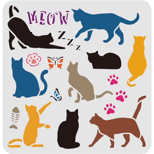 FINGERINSPIRE Katzen Malschablonen 30x30cm Schmetterling Katzenpfote Schmetterling Fische Stencil, Kunststoff Quadratisch Wiederverwendbar Schablonen zum Malen auf Holz, Boden, Wand und Stoff von FINGERINSPIRE