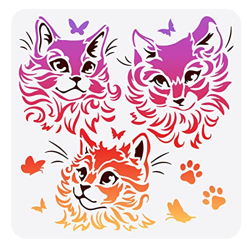 FINGERINSPIRE Katzenfamilie Malschablone 30x30 cm Maine Katzen Zeichnungsschablone DIY Haustier Katzenschablone Schmetterlings Katzenpfotenabdruck Dekorationsschablone Zum Malen Auf Holz Wand Möbel von FINGERINSPIRE