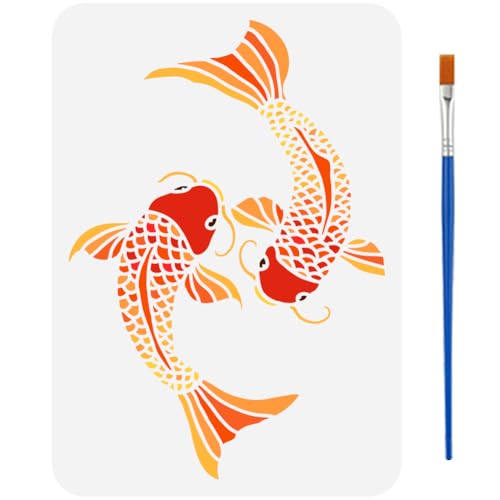 FINGERINSPIRE Koi-Fisch-Schablone mit Pinsel, 21,1 x 29,7 cm, dekorative Fischmuster-Vorlage, ausgehöhlt, 2 Koi-Fische, Schablone mit Tiermotiven, wiederverwendbare Schablone zum Malen auf Holz, von FINGERINSPIRE