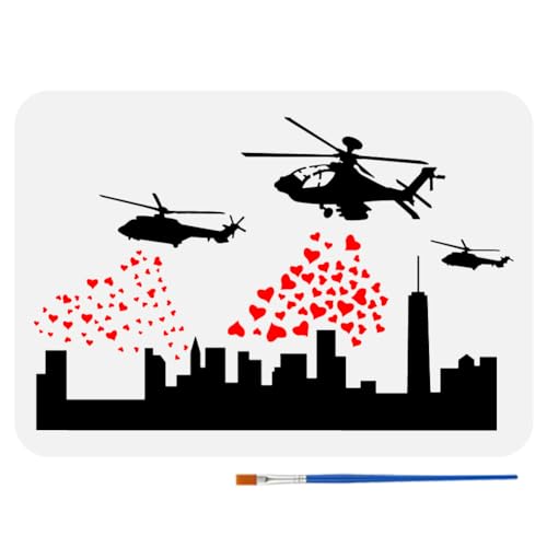 FINGERINSPIRE Malschablone Banksy Helikopter Und Herzen Mit Kunststoffpinsel 21x29.7 cm Wiederverwendbare Helikopter Mustervorlage Banksy Themenschablone Zum Malen Auf Holz Wand Stoff Möbeln FINGERINSPIRE Malschablone Banksy Helikopter Und Herzen Mit Kunststoffpinsel 21x29.7 cm Wiederverwendbare Helikopter Mustervorlage Banksy Themenschablone Zum Malen Auf Holz Wand Stoff Möbeln von FINGERINSPIRE