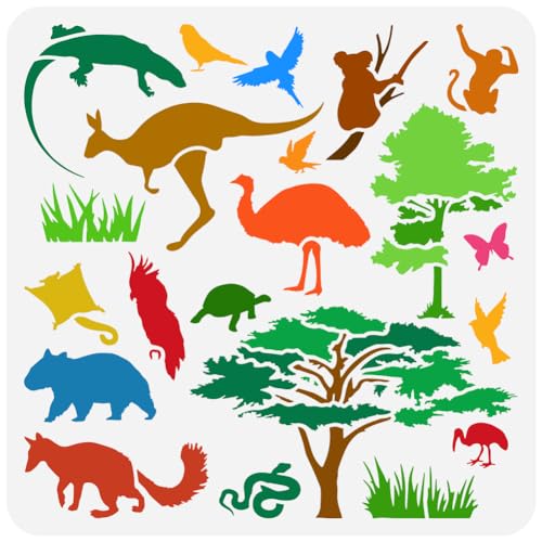 FINGERINSPIRE Malschablone Für Australische Tiere 30x30 cm Känguru Faultier Strauß Eidechse AFFE Flamingo Papagei Vogel Vorlage Baumschablone Zum Malen Auf Holzwandmöbeln von FINGERINSPIRE