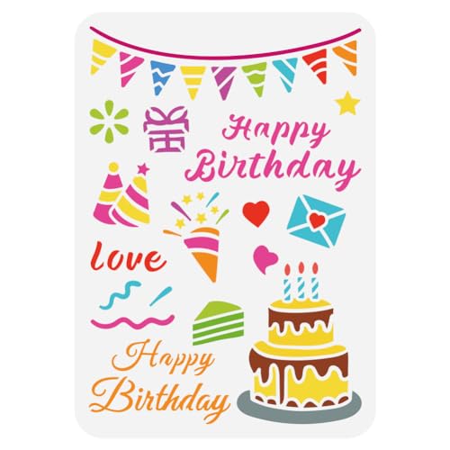 FINGERINSPIRE Malschablone Happy Birthday 21x29.7 cm Geburtstagskuchen Schablone Geburtstagsgeschenk Schablone Geburtstagsthema Wiederverwendbare Schablone Für Grußkarten Scrapbook DIY Dekoration von FINGERINSPIRE